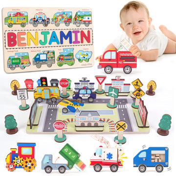 Personalized Vehicle Name Puzzle Busy Board, Montessori Wooden Toys, Baby Girl- Boy Toys, Gift for Kid, First Birthday Gift NP56