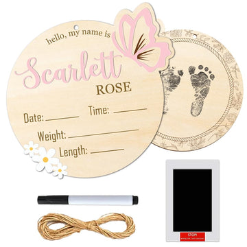 Personalized 2in1 Wooden Baby Announcement Sign with Birth Stats and Footprint Double Sided Newborn Name Plaque Hospital Photo Prop Baby Shower Gift and Nursery Keepsake BX25