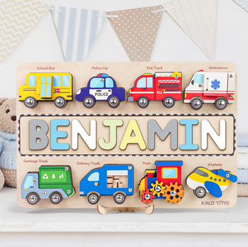 Personalized Vehicle Name Puzzle Busy Board, Montessori Wooden Toys, Baby Girl- Boy Toys, Gift for Kid, First Birthday Gift NP56