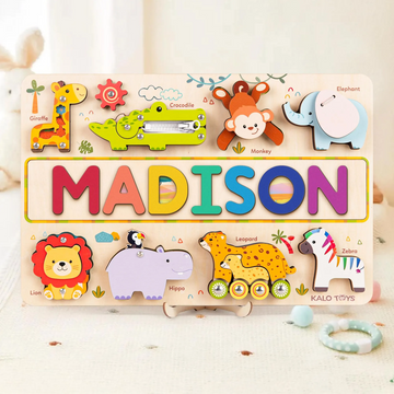 Personalized Safari Name Puzzle Busy Board, Montessori Wooden Toys, Baby Girl- Boy Toys, Gift for Kid, First Birthday Gift, Girl Toy NP58