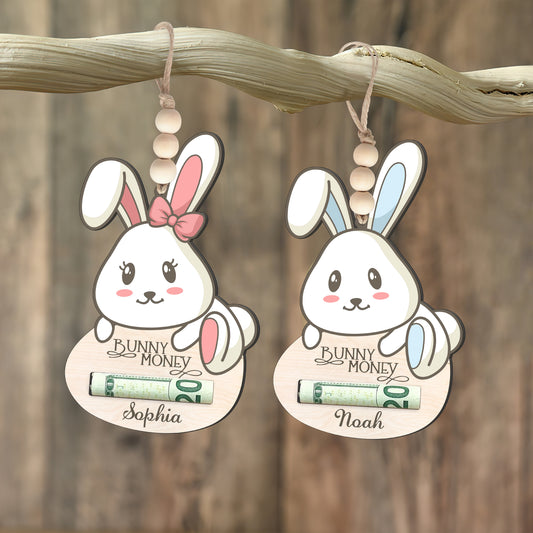 Easter Bunny Money Gift, Personalized Easter Money Holder, Easter Basket Stuffers, Kids Gift Idea, Wooden Rabbit Ornament, Baby Girl Gift MH07