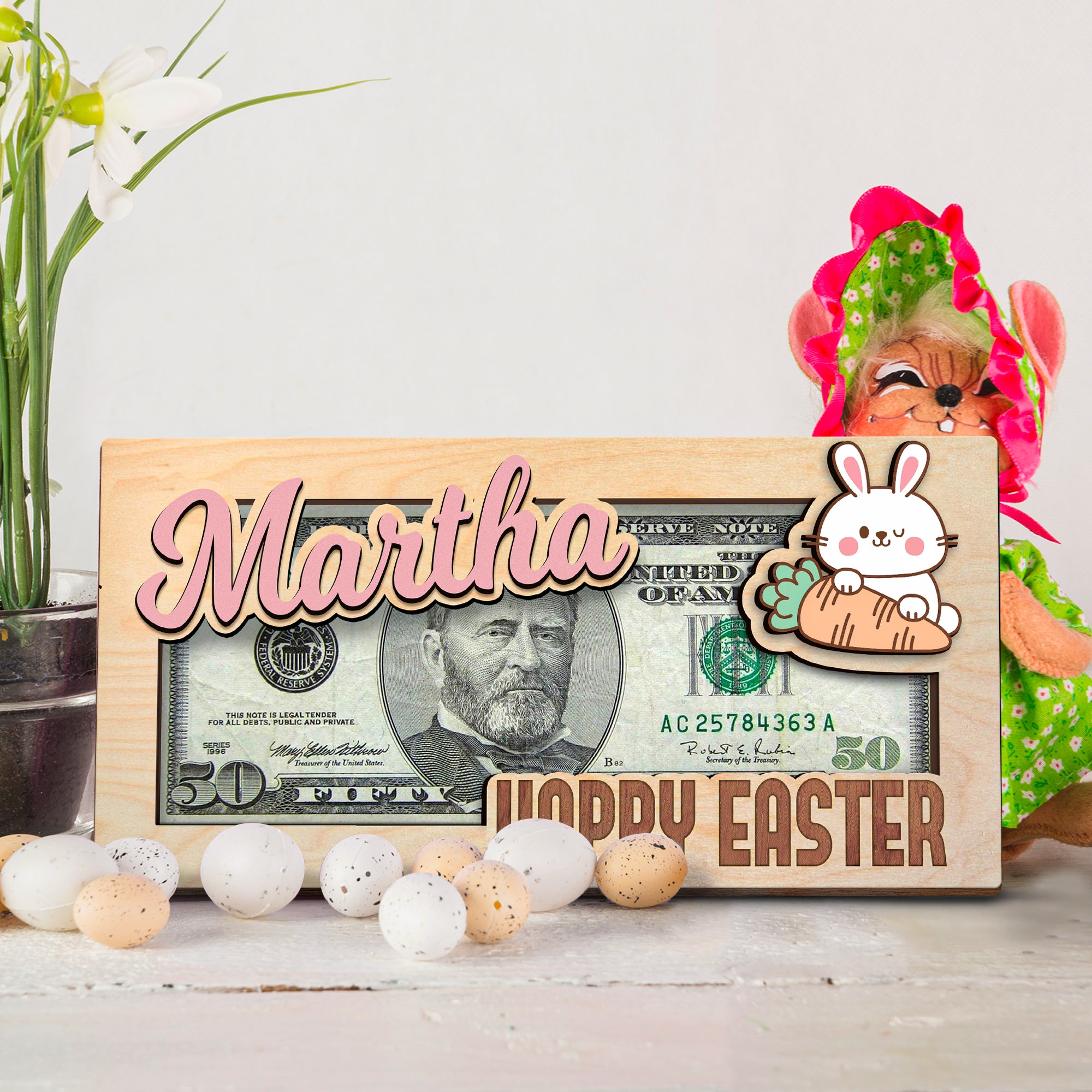 Bunny Rabbit Money Holder, Easter Gift for Kids, Custom Name Bunny Tag, Easter Keepsake, Easter Decor Baby Shower Gifts, Baby Girl Gift MH06