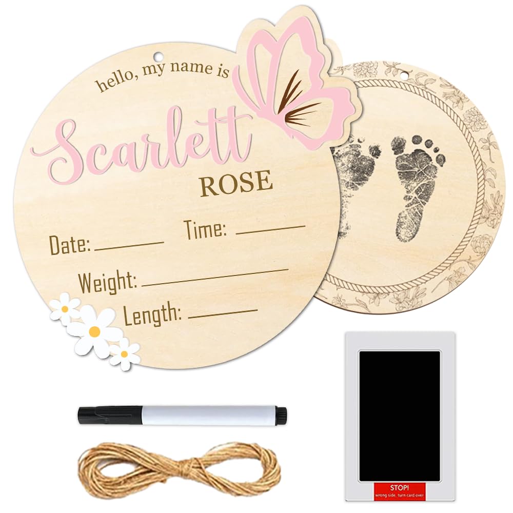 Personalized 2in1 Wooden Baby Announcement Sign with Birth Stats and Footprint Double Sided Newborn Name Plaque Hospital Photo Prop Baby Shower Gift and Nursery Keepsake BX25