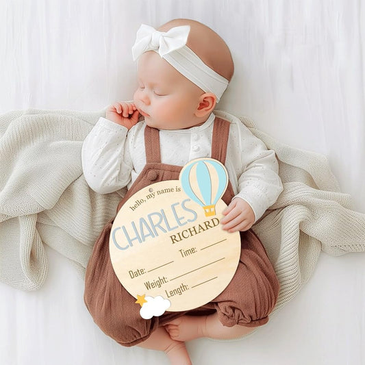 Personalized 2in1 Wooden Baby Announcement Sign with Birth Stats and Footprint Double Sided Newborn Name Plaque Hospital Photo Prop Baby Shower Gift and Nursery Keepsake BX25