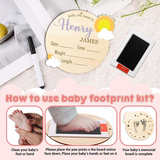 Double Sided Wooden Baby Announcement Sign with Custom Name, Birth Stats, and Footprint Perfect Keepsake for Newborn Hospital Photos, Nursery, and Memory Display BX25