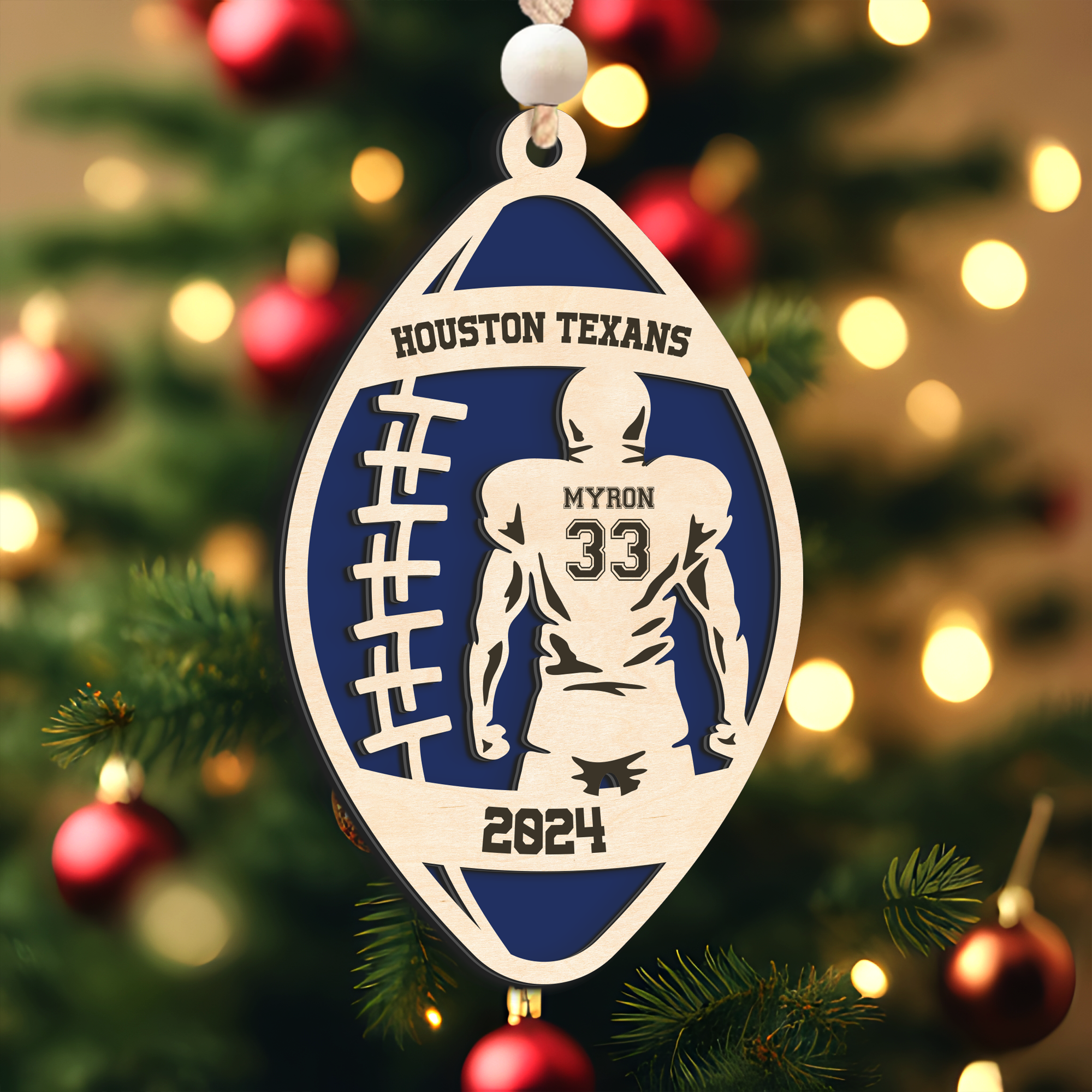 Personalized American Football 2 Layered Wooden Ornament, Custom Name Number Football Player Christmas Ornament, CF927