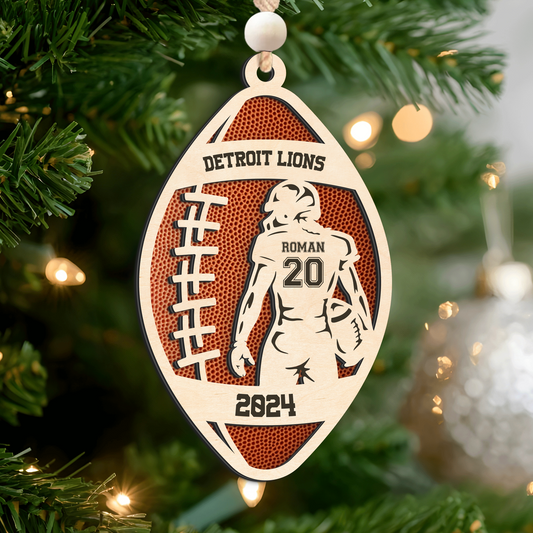 Personalized American Football 2 Layered Wooden Ornament, Custom Name Number Football Player Christmas Ornament, CF927