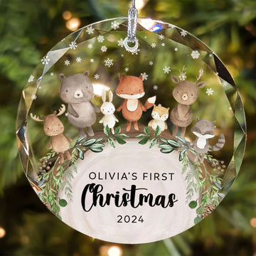 Baby's 1st Christmas Glass Ornament, Personalized Woodland Creatures, Baby Deer Ornament, Holiday Keepsake Ornament, New Baby Gift, 2024 Custom Baby Ornament GX06-12 - Kindlytoys