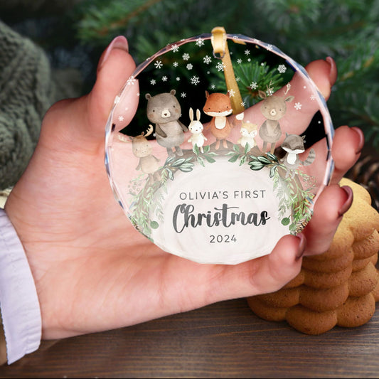 Baby's 1st Christmas Glass Ornament, Personalized Woodland Creatures, Baby Deer Ornament, Holiday Keepsake Ornament, New Baby Gift, 2024 Custom Baby Ornament GX06-12 - Kindlytoys