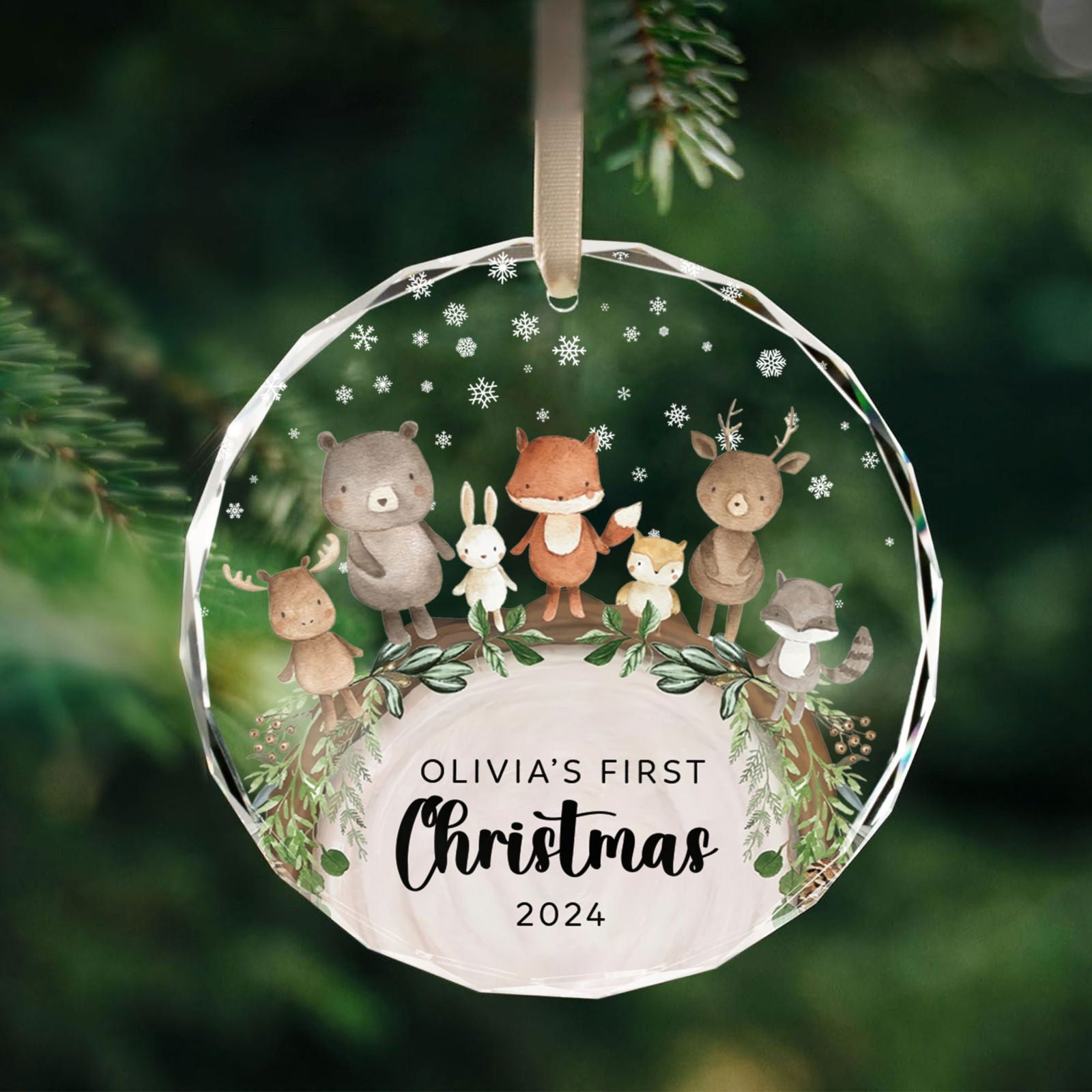 Baby's 1st Christmas Glass Ornament, Personalized Woodland Creatures, Baby Deer Ornament, Holiday Keepsake Ornament, New Baby Gift, 2024 Custom Baby Ornament GX06-12 - Kindlytoys