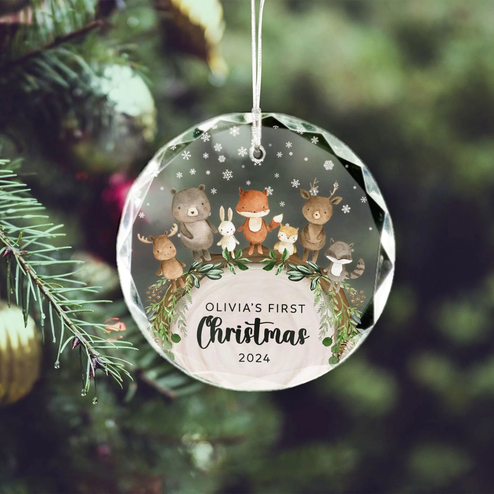 Baby's 1st Christmas Glass Ornament, Personalized Woodland Creatures, Baby Deer Ornament, Holiday Keepsake Ornament, New Baby Gift, 2024 Custom Baby Ornament GX06-12 - Kindlytoys