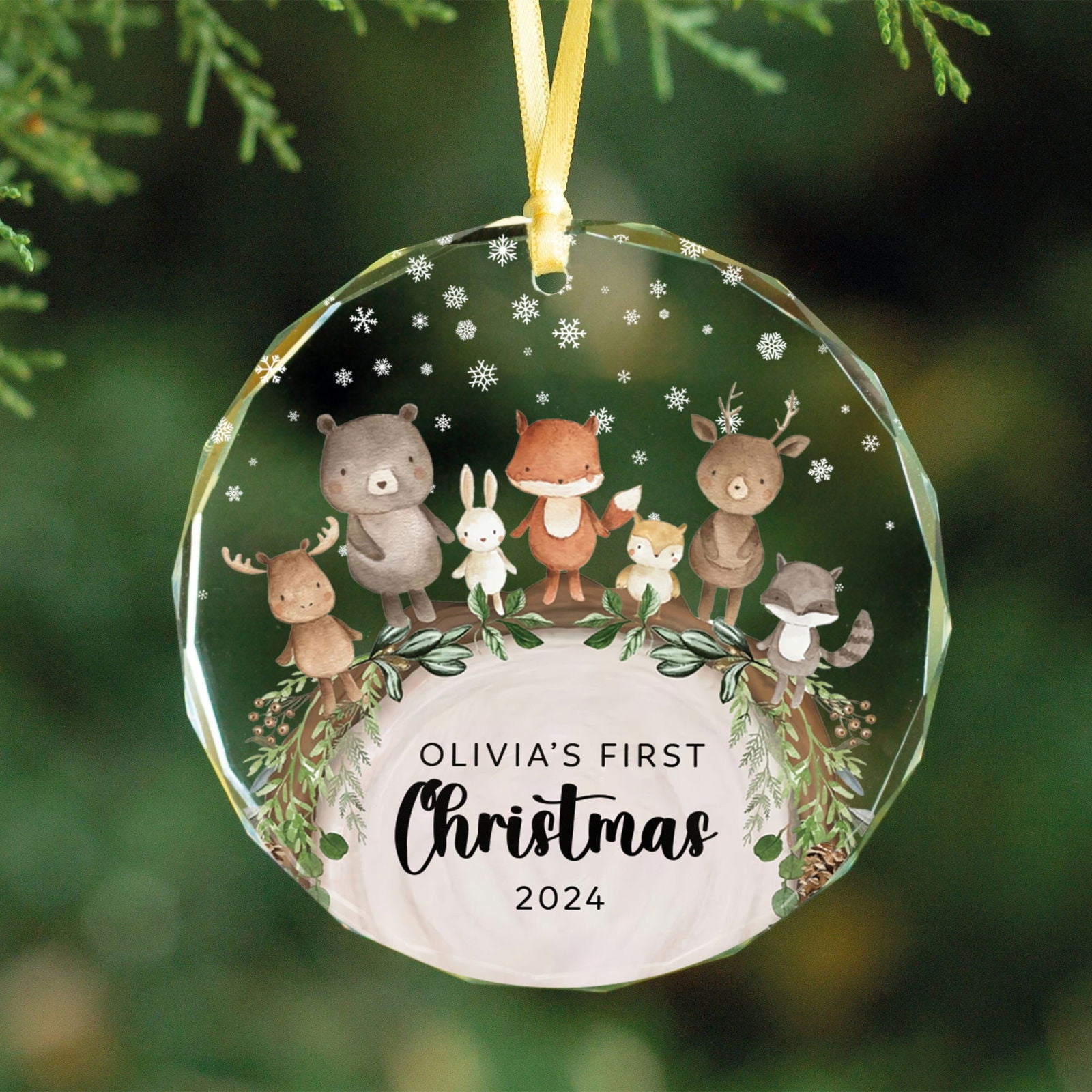 Baby's 1st Christmas Glass Ornament, Personalized Woodland Creatures, Baby Deer Ornament, Holiday Keepsake Ornament, New Baby Gift, 2024 Custom Baby Ornament GX06-12 - Kindlytoys