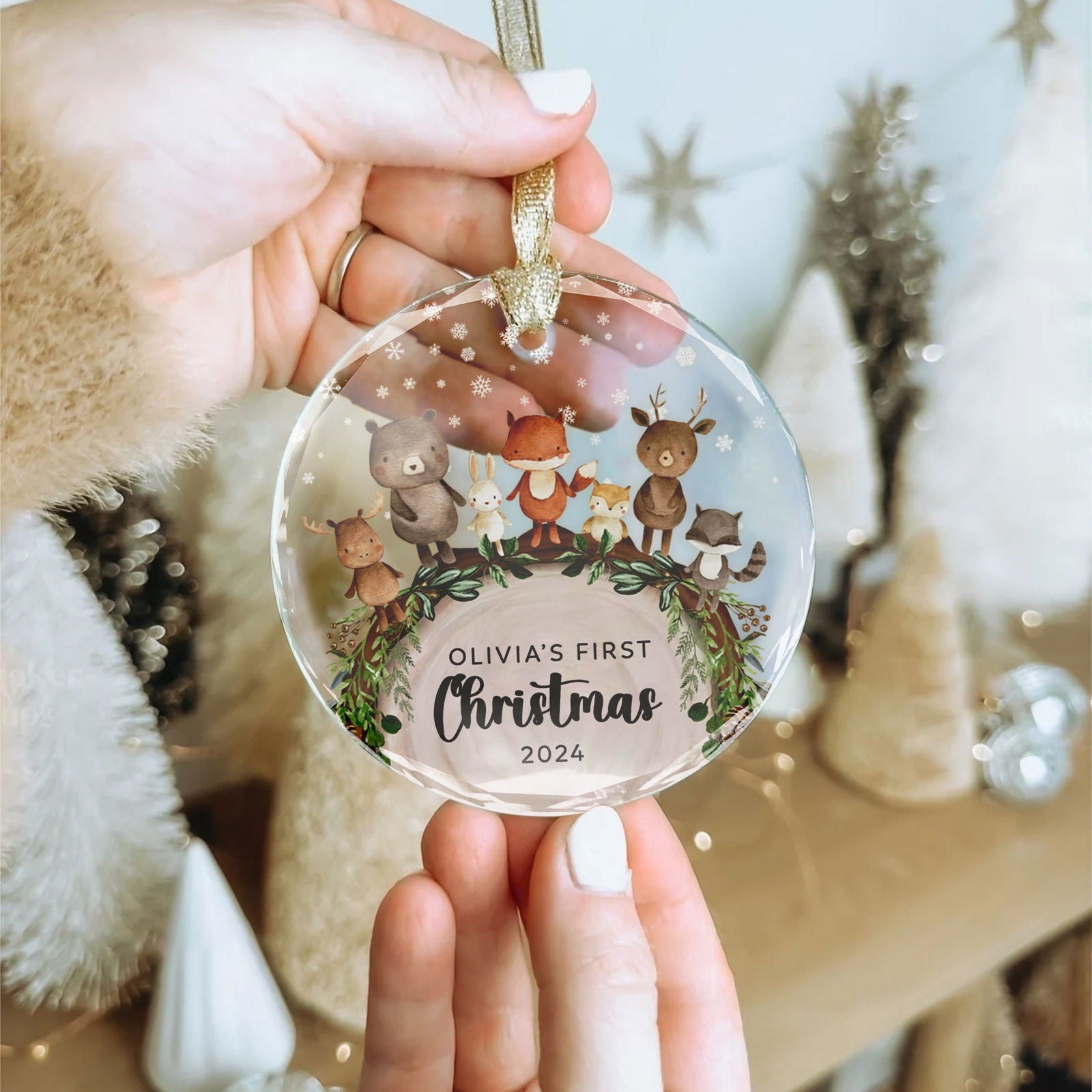 Baby's 1st Christmas Glass Ornament, Personalized Woodland Creatures, Baby Deer Ornament, Holiday Keepsake Ornament, New Baby Gift, 2024 Custom Baby Ornament GX06-12 - Kindlytoys