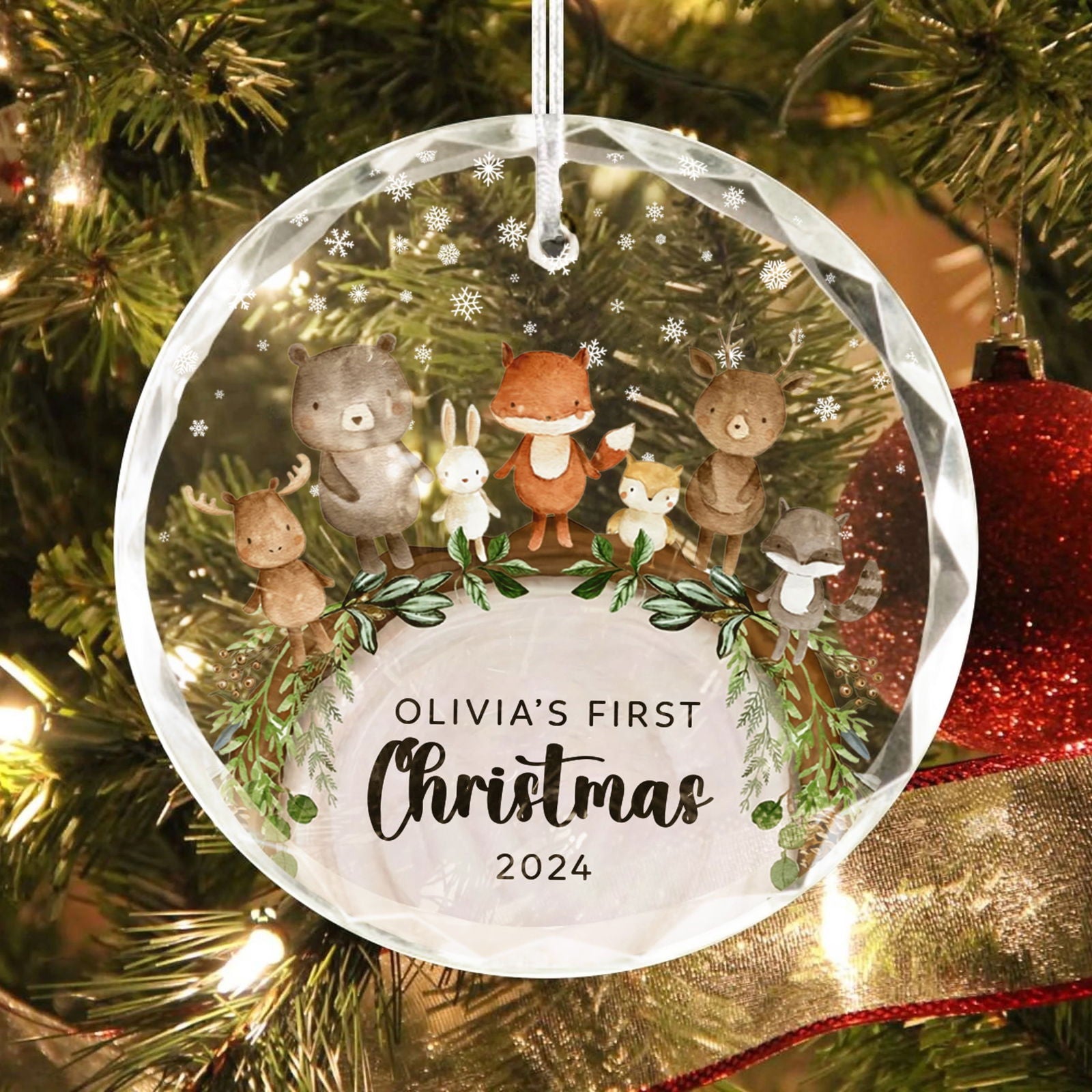 Baby's 1st Christmas Glass Ornament, Personalized Woodland Creatures, Baby Deer Ornament, Holiday Keepsake Ornament, New Baby Gift, 2024 Custom Baby Ornament GX06-12 - Kindlytoys