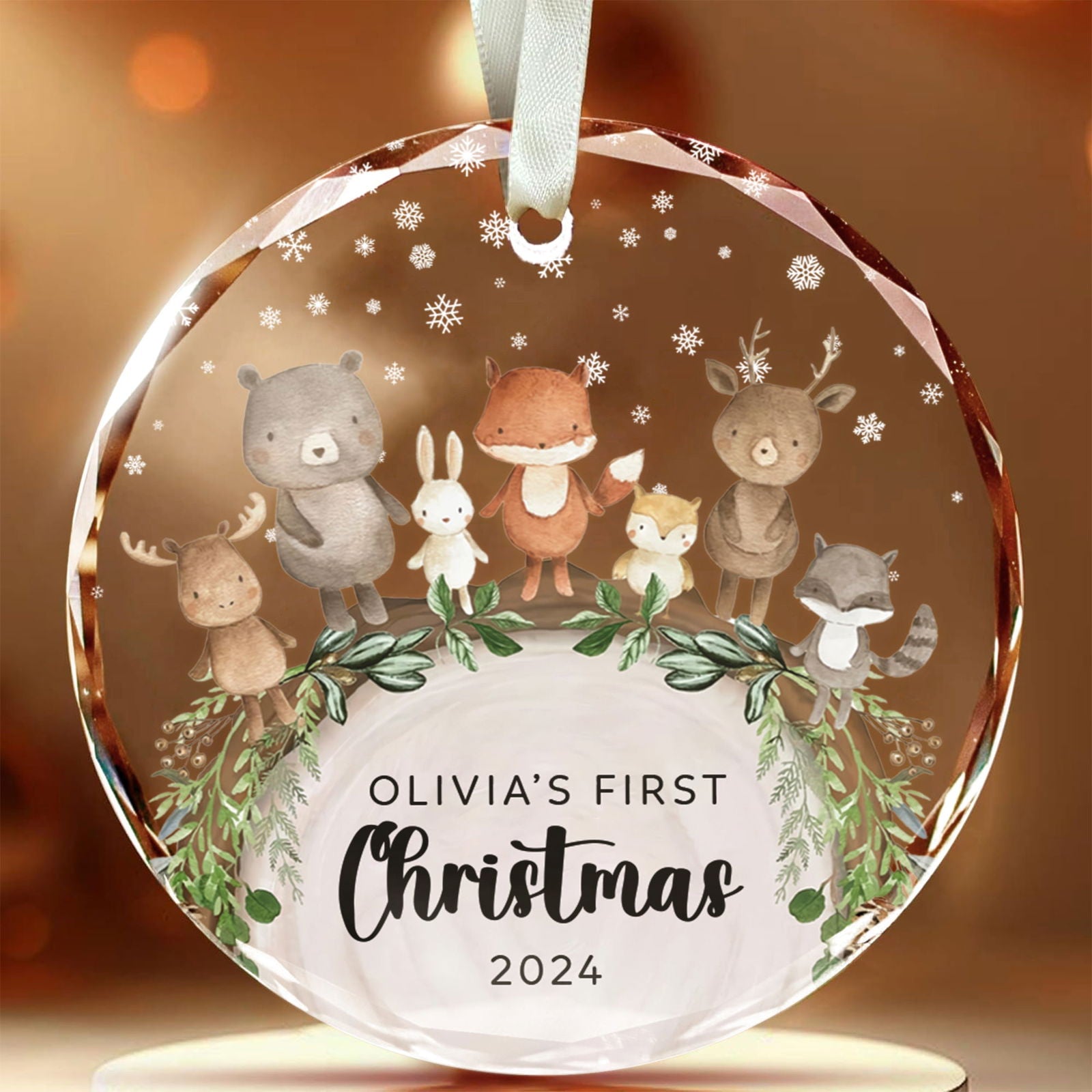 Baby's 1st Christmas Glass Ornament, Personalized Woodland Creatures, Baby Deer Ornament, Holiday Keepsake Ornament, New Baby Gift, 2024 Custom Baby Ornament GX06-12 - Kindlytoys