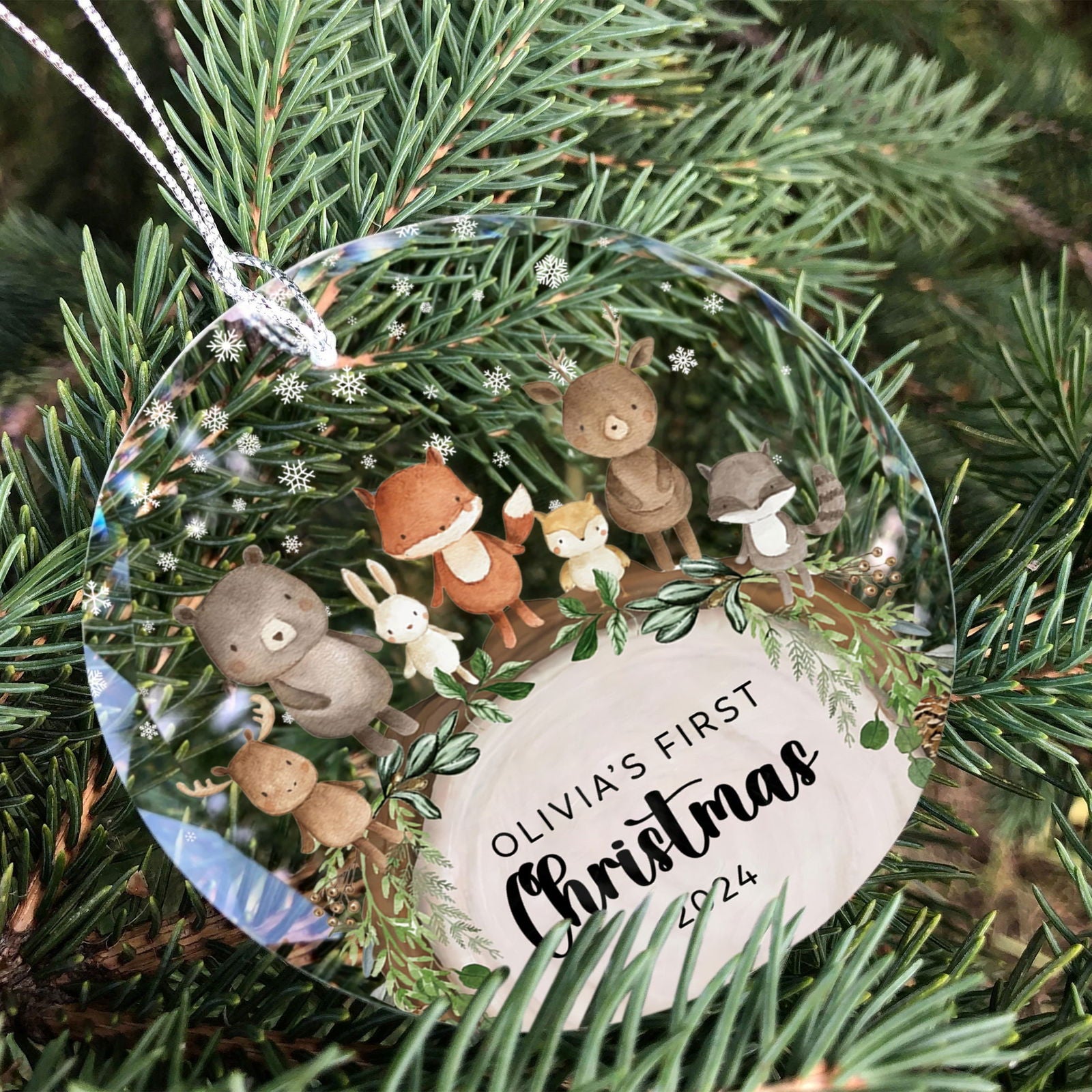 Baby's 1st Christmas Glass Ornament, Personalized Woodland Creatures, Baby Deer Ornament, Holiday Keepsake Ornament, New Baby Gift, 2024 Custom Baby Ornament GX06-12 - Kindlytoys