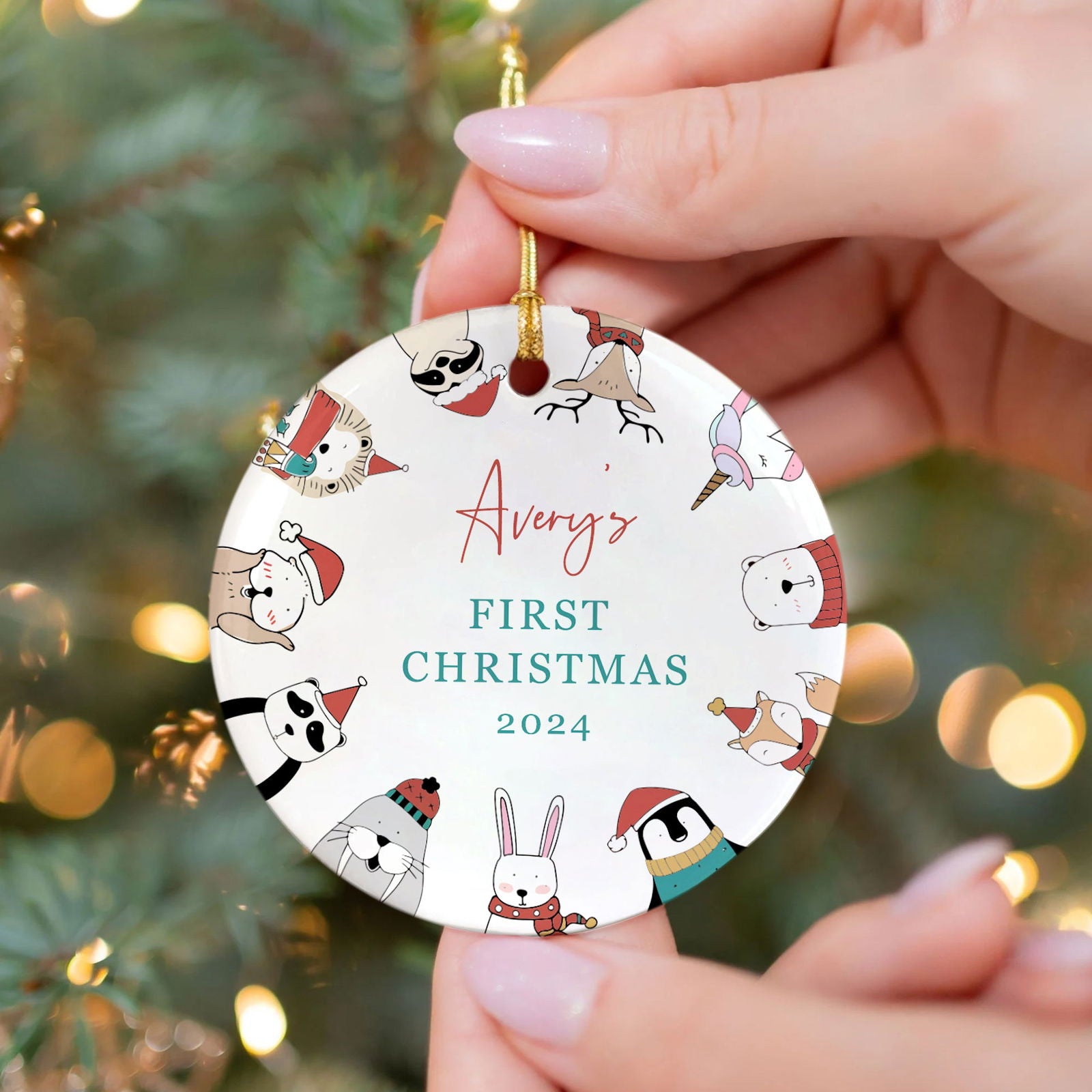 Customized First Christmas Baby Ornament Gift, Personalized Woodland Creatures 3 Inch Ceramic Christmas Ornament, Holiday Keepsake Ornament, Gift For Baby CX02-58 - Kindlytoys