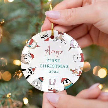 Customized First Christmas Baby Ornament Gift, Personalized Woodland Creatures 3 Inch Ceramic Christmas Ornament, Holiday Keepsake Ornament, Gift For Baby CX02-58 - Kindlytoys