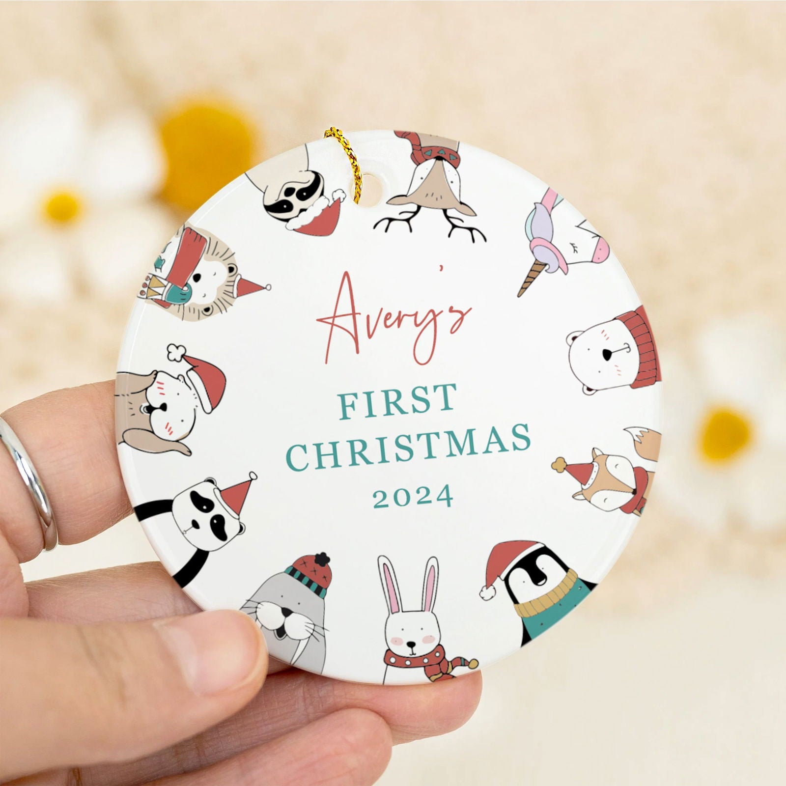 Customized First Christmas Baby Ornament Gift, Personalized Woodland Creatures 3 Inch Ceramic Christmas Ornament, Holiday Keepsake Ornament, Gift For Baby CX02-58 - Kindlytoys