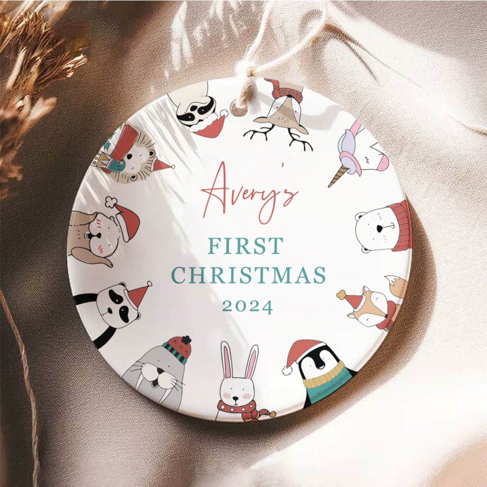 Customized First Christmas Baby Ornament Gift, Personalized Woodland Creatures 3 Inch Ceramic Christmas Ornament, Holiday Keepsake Ornament, Gift For Baby CX02-58 - Kindlytoys