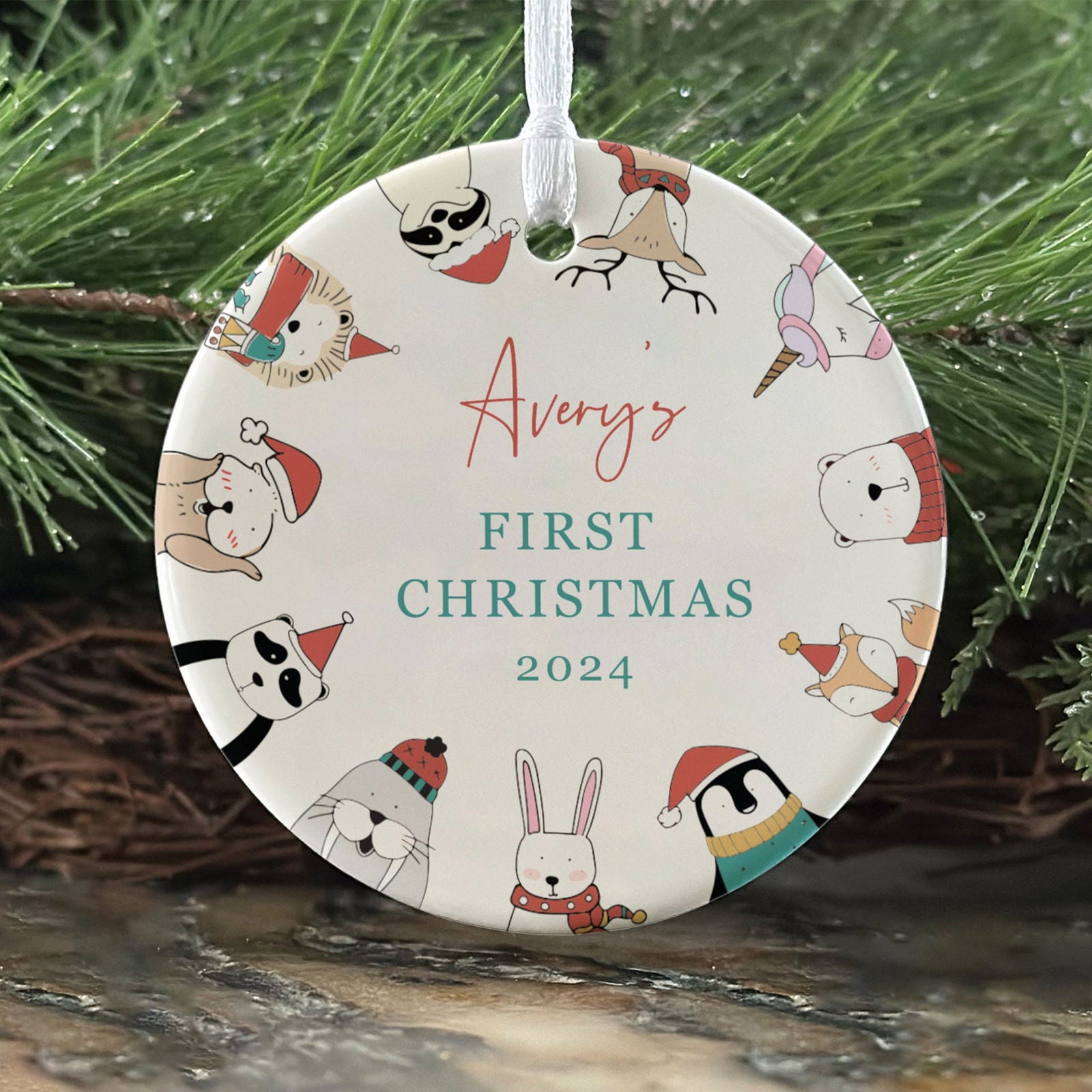 Customized First Christmas Baby Ornament Gift, Personalized Woodland Creatures 3 Inch Ceramic Christmas Ornament, Holiday Keepsake Ornament, Gift For Baby CX02-58 - Kindlytoys