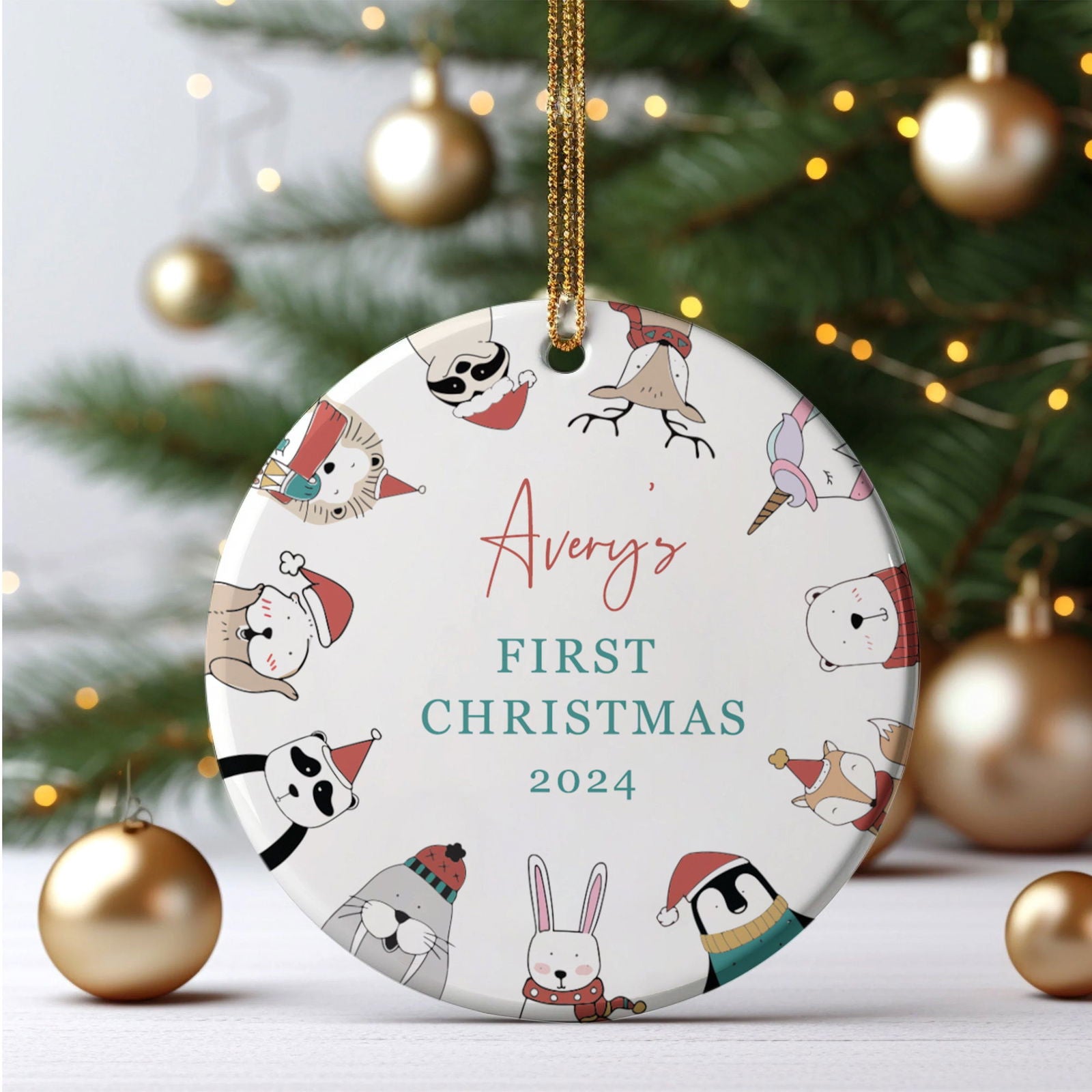 Customized First Christmas Baby Ornament Gift, Personalized Woodland Creatures 3 Inch Ceramic Christmas Ornament, Holiday Keepsake Ornament, Gift For Baby CX02-58 - Kindlytoys