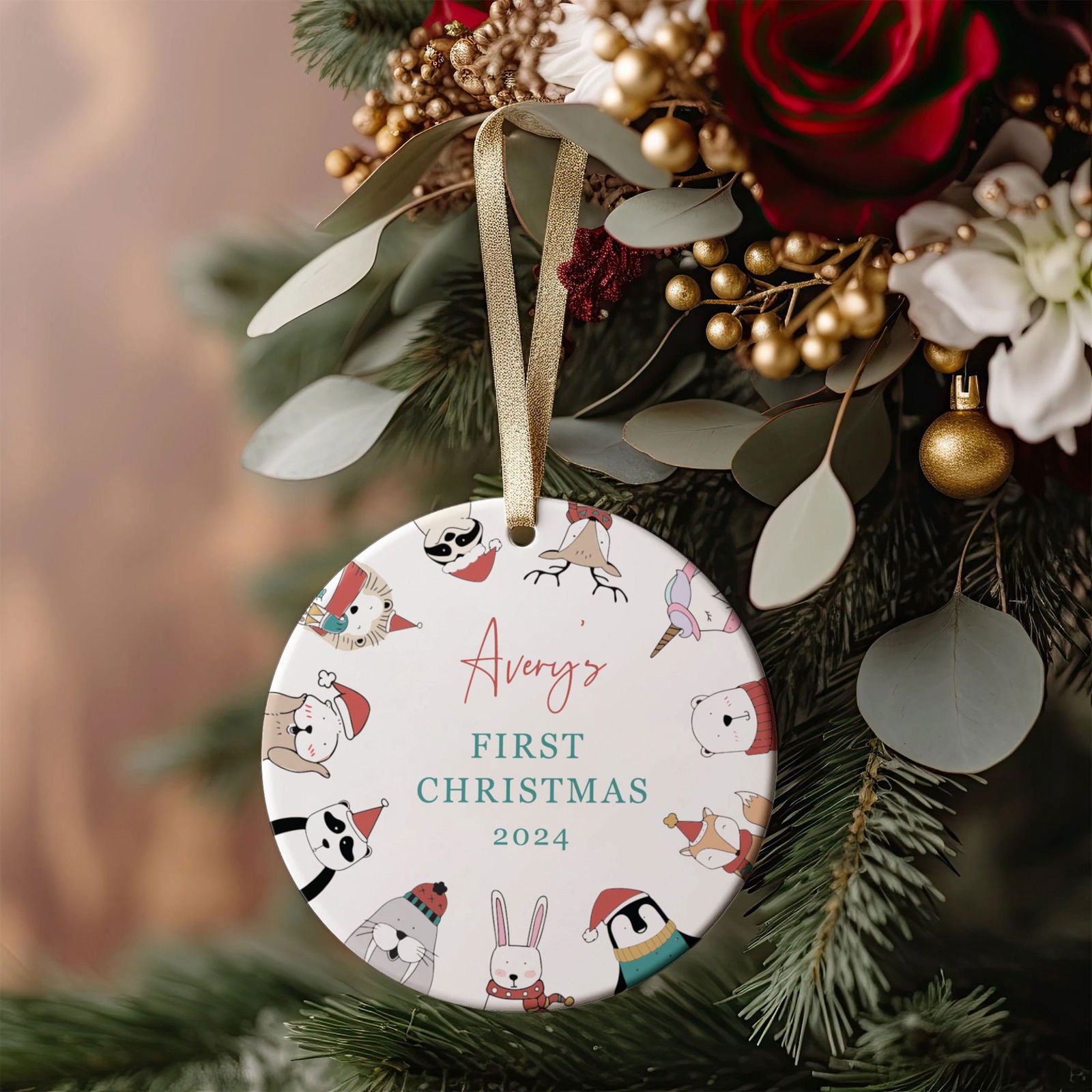 Customized First Christmas Baby Ornament Gift, Personalized Woodland Creatures 3 Inch Ceramic Christmas Ornament, Holiday Keepsake Ornament, Gift For Baby CX02-58 - Kindlytoys