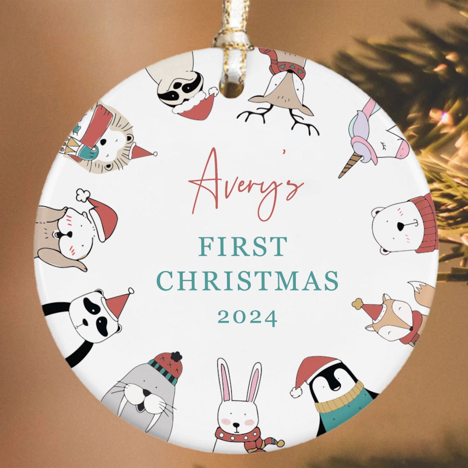 Customized First Christmas Baby Ornament Gift, Personalized Woodland Creatures 3 Inch Ceramic Christmas Ornament, Holiday Keepsake Ornament, Gift For Baby CX02-58 - Kindlytoys