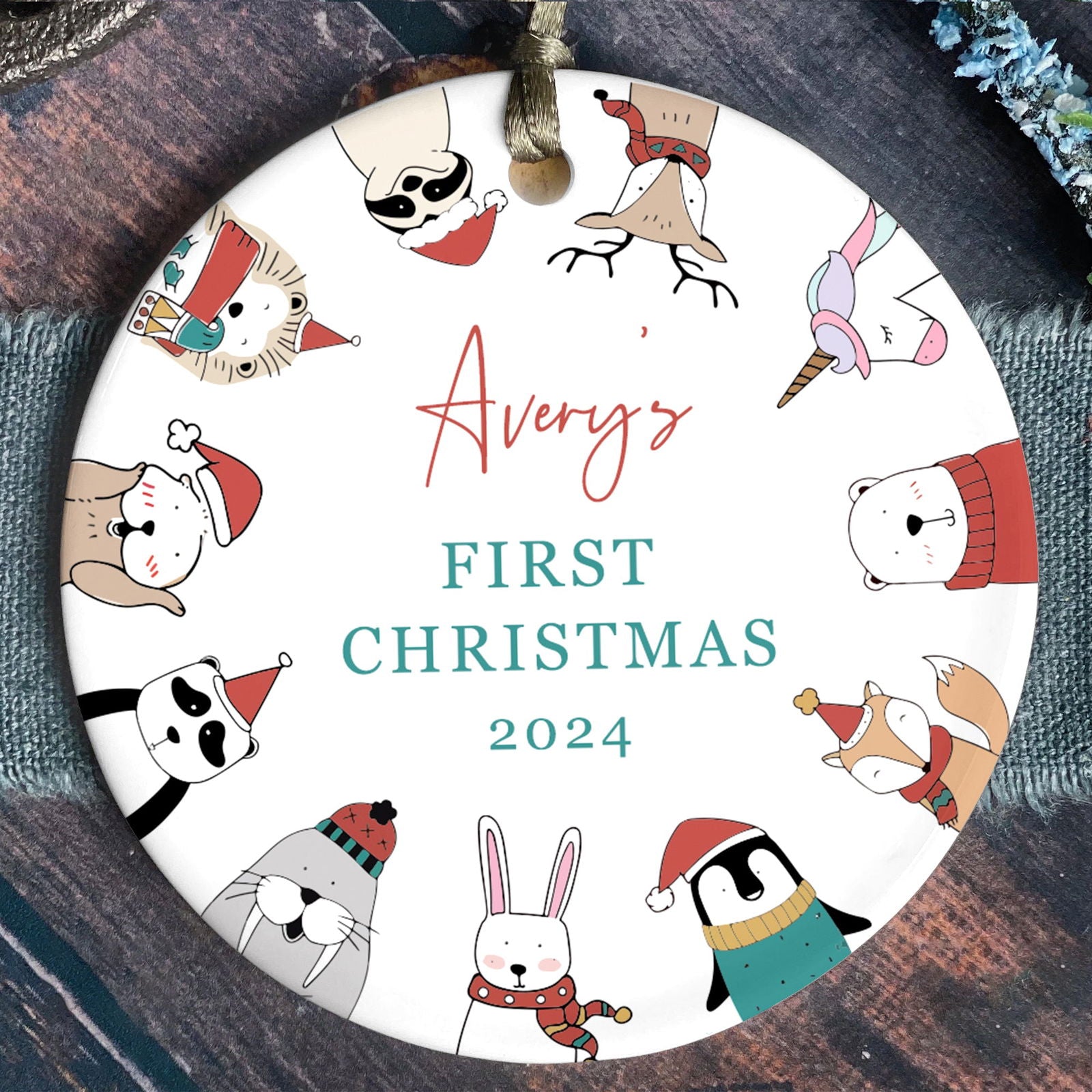 Customized First Christmas Baby Ornament Gift, Personalized Woodland Creatures 3 Inch Ceramic Christmas Ornament, Holiday Keepsake Ornament, Gift For Baby CX02-58 - Kindlytoys