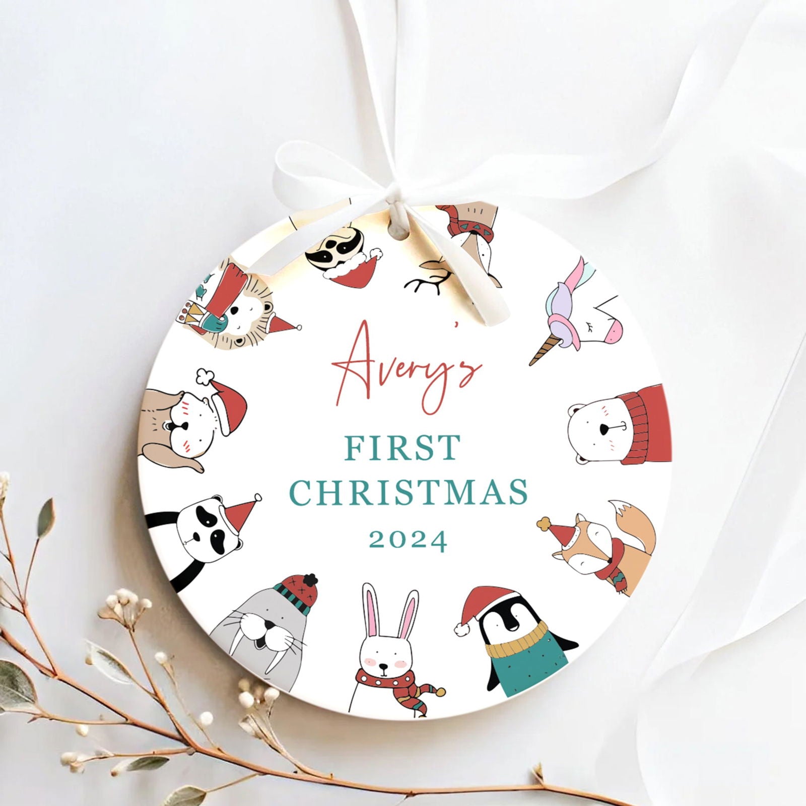 Customized First Christmas Baby Ornament Gift, Personalized Woodland Creatures 3 Inch Ceramic Christmas Ornament, Holiday Keepsake Ornament, Gift For Baby CX02-58 - Kindlytoys