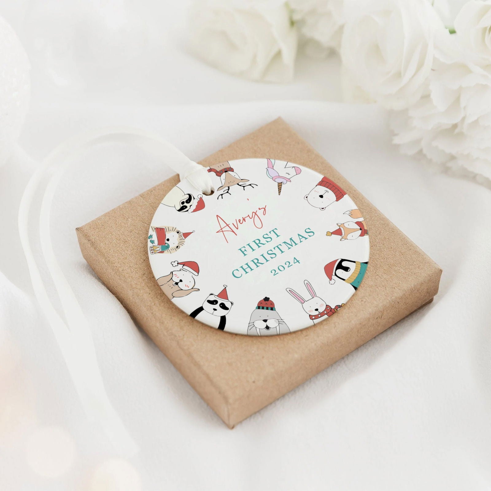 Customized First Christmas Baby Ornament Gift, Personalized Woodland Creatures 3 Inch Ceramic Christmas Ornament, Holiday Keepsake Ornament, Gift For Baby CX02-58 - Kindlytoys
