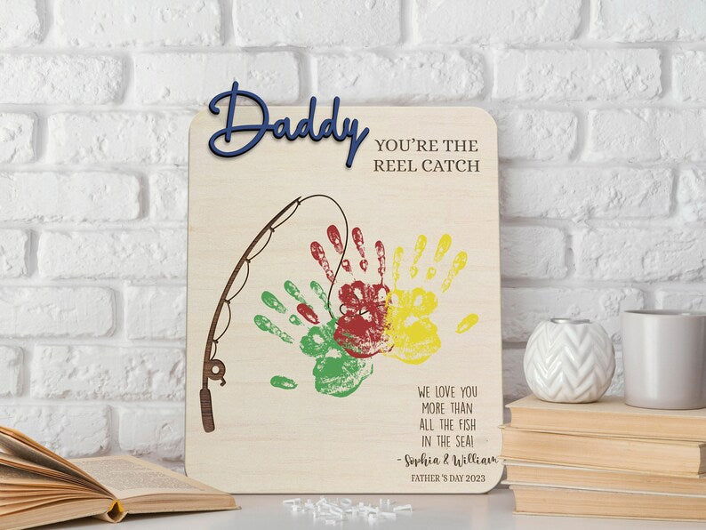 Fishing Wooden Handprint Board, Fathers Day Gift, Handprint Sign For Father's Day, Gift ideas for dad SH01 - Kindlytoys