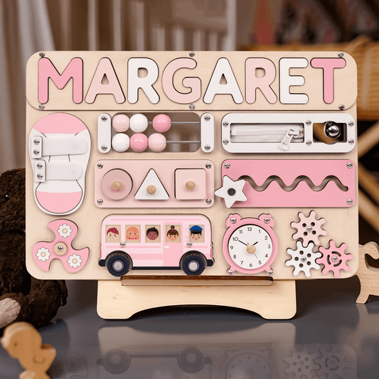 Infant Busy Board With Baby Name, Rotating Number Set - Wooden Montessori Sensory Toys | KindlyToys BB61 - Kindlytoys