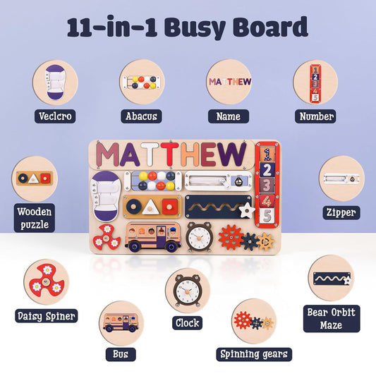 Infant Busy Board With Baby Name, Rotating Number Set - Wooden Montessori Sensory Toys | KindlyToys BB61 - Kindlytoys