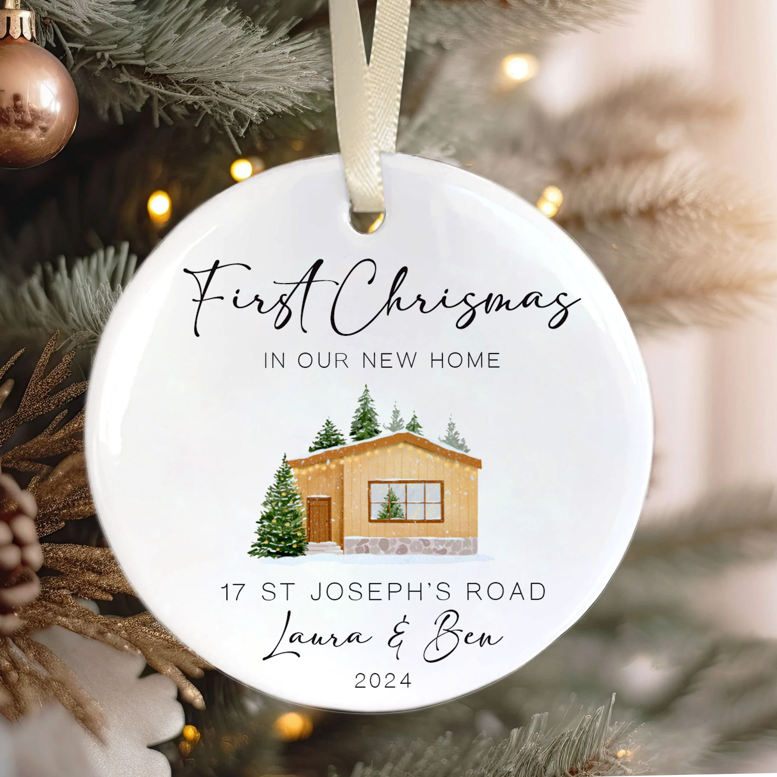 New Home Ornament, Christmas Wreath Ornament, Ceramic New Home Ornament, Personalized First Christmas New Home Ornament, Custom Ceramic Keepsake with Address, Names & Year, 3x3 Inch Christmas Decoration CX02-12 - Kindlytoys