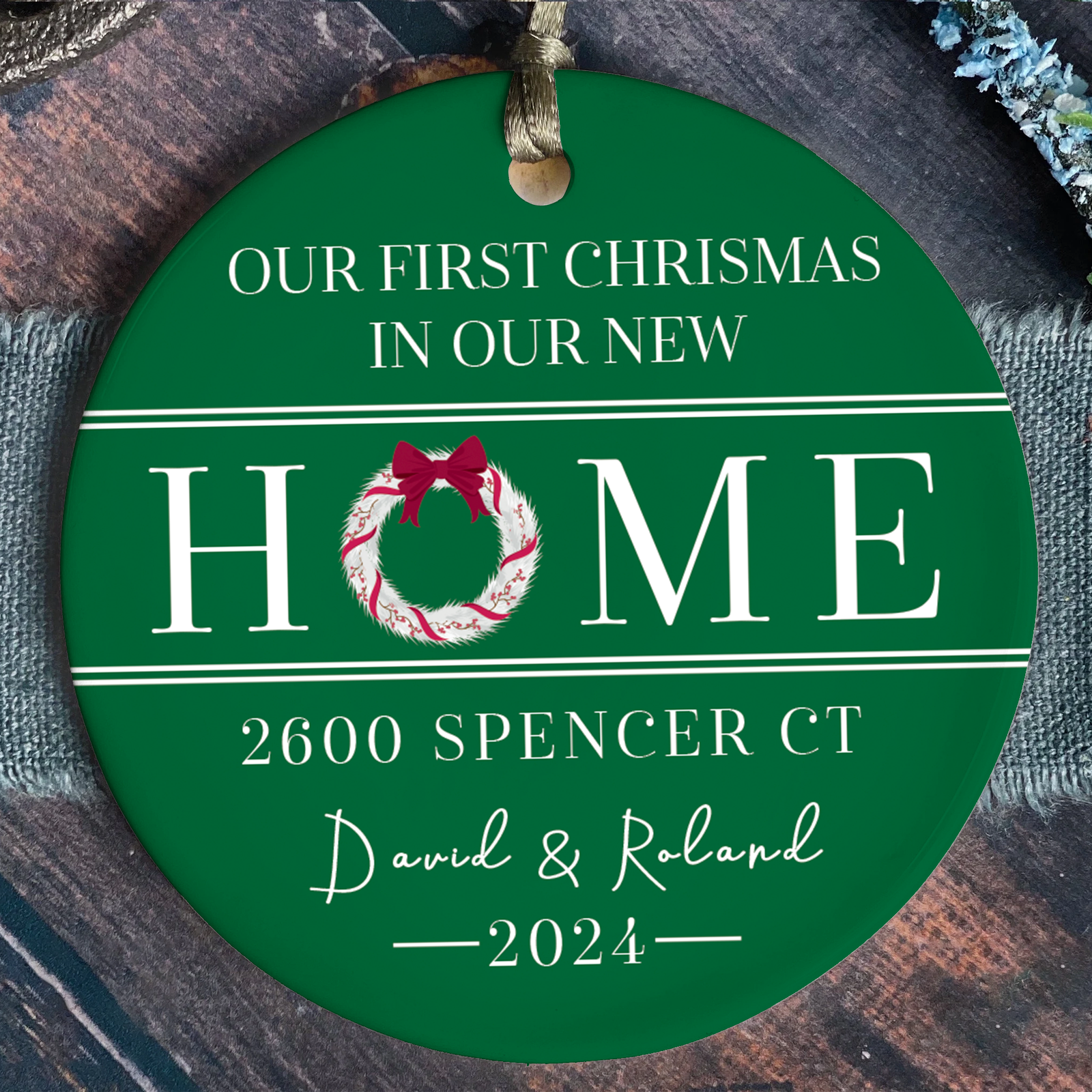 New Home Ornament, Christmas Wreath Ornament, Ceramic New Home Ornament, Personalized First Christmas New Home Ornament, Custom Ceramic Keepsake with Address, Names & Year, 3x3 Inch Christmas Decoration CX02-8 - Kindlytoys
