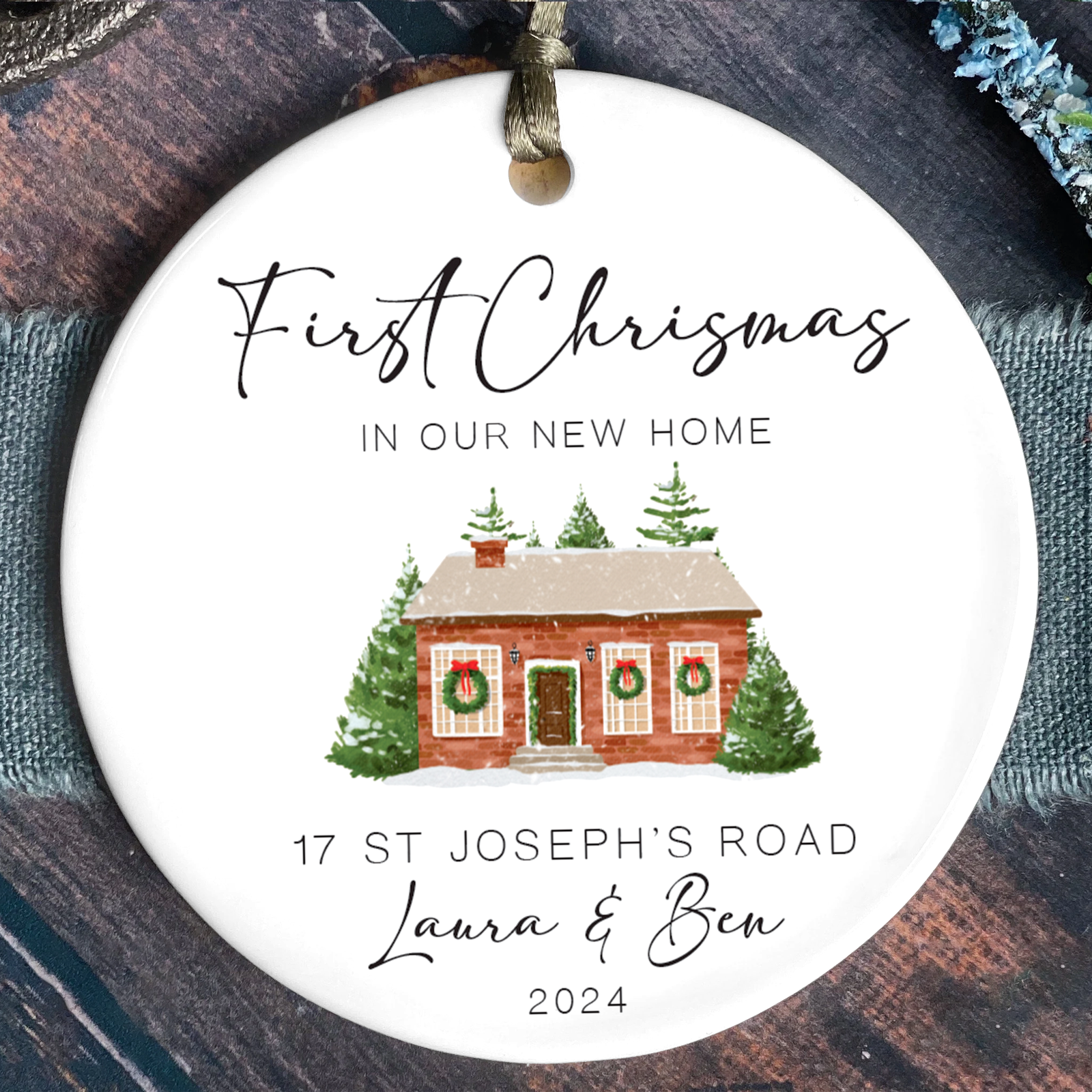 New Home Ornament, Christmas Wreath Ornament, Ceramic New Home Ornament, Personalized First Christmas New Home Ornament, Custom Ceramic Keepsake with Address, Names & Year, 3x3 Inch Christmas Decoration CX02-13 - Kindlytoys