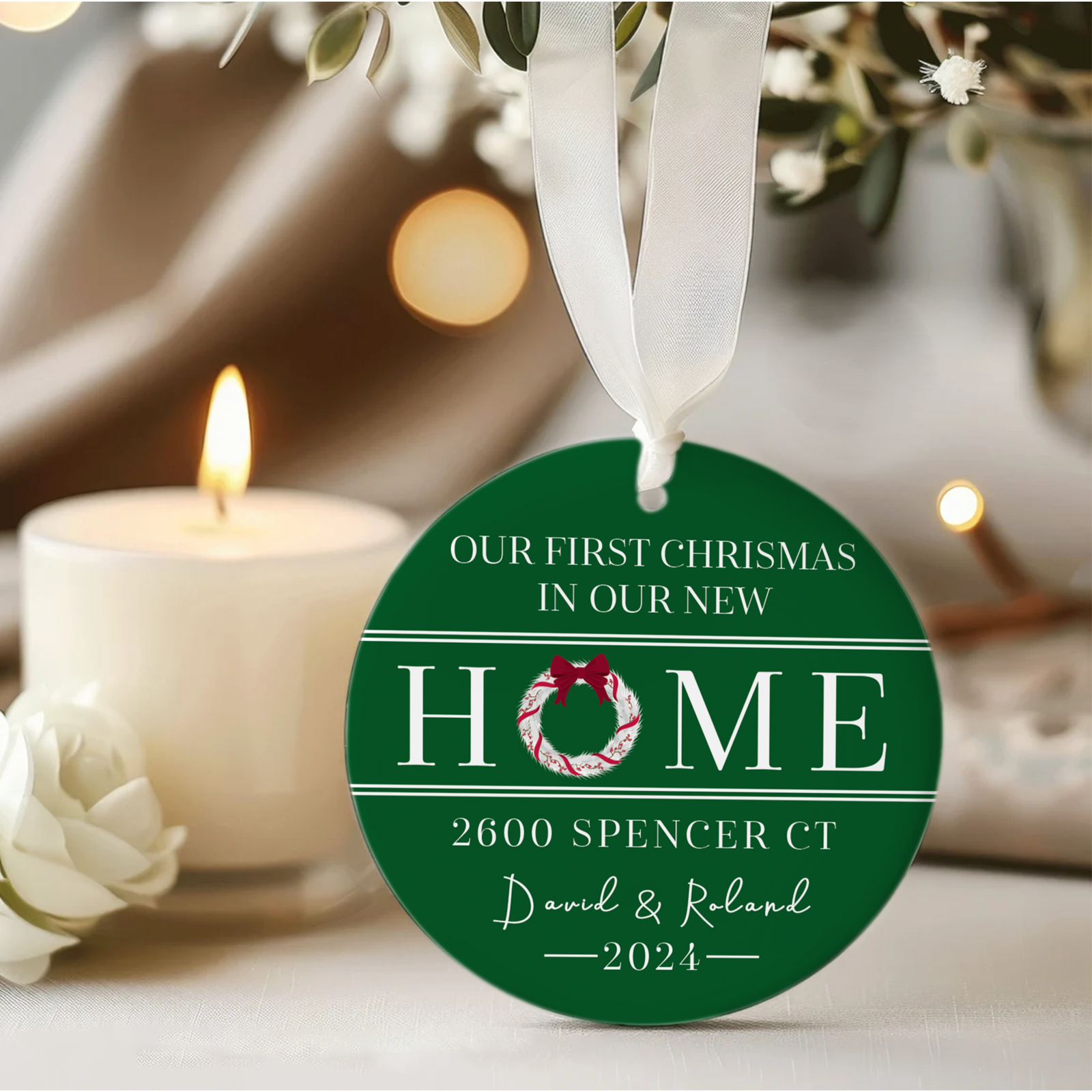 New Home Ornament, Christmas Wreath Ornament, Ceramic New Home Ornament, Personalized First Christmas New Home Ornament, Custom Ceramic Keepsake with Address, Names & Year, 3x3 Inch Christmas Decoration CX02-8 - Kindlytoys