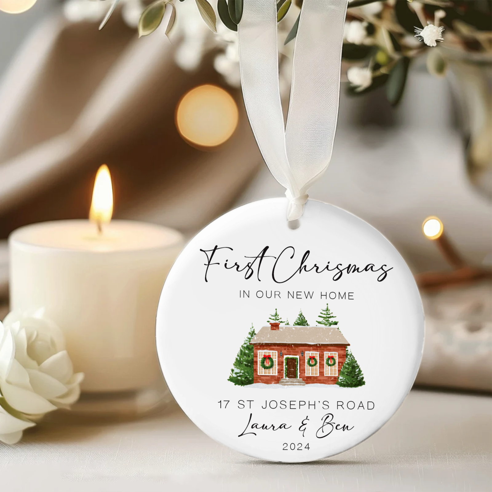 New Home Ornament, Christmas Wreath Ornament, Ceramic New Home Ornament, Personalized First Christmas New Home Ornament, Custom Ceramic Keepsake with Address, Names & Year, 3x3 Inch Christmas Decoration CX02-13 - Kindlytoys