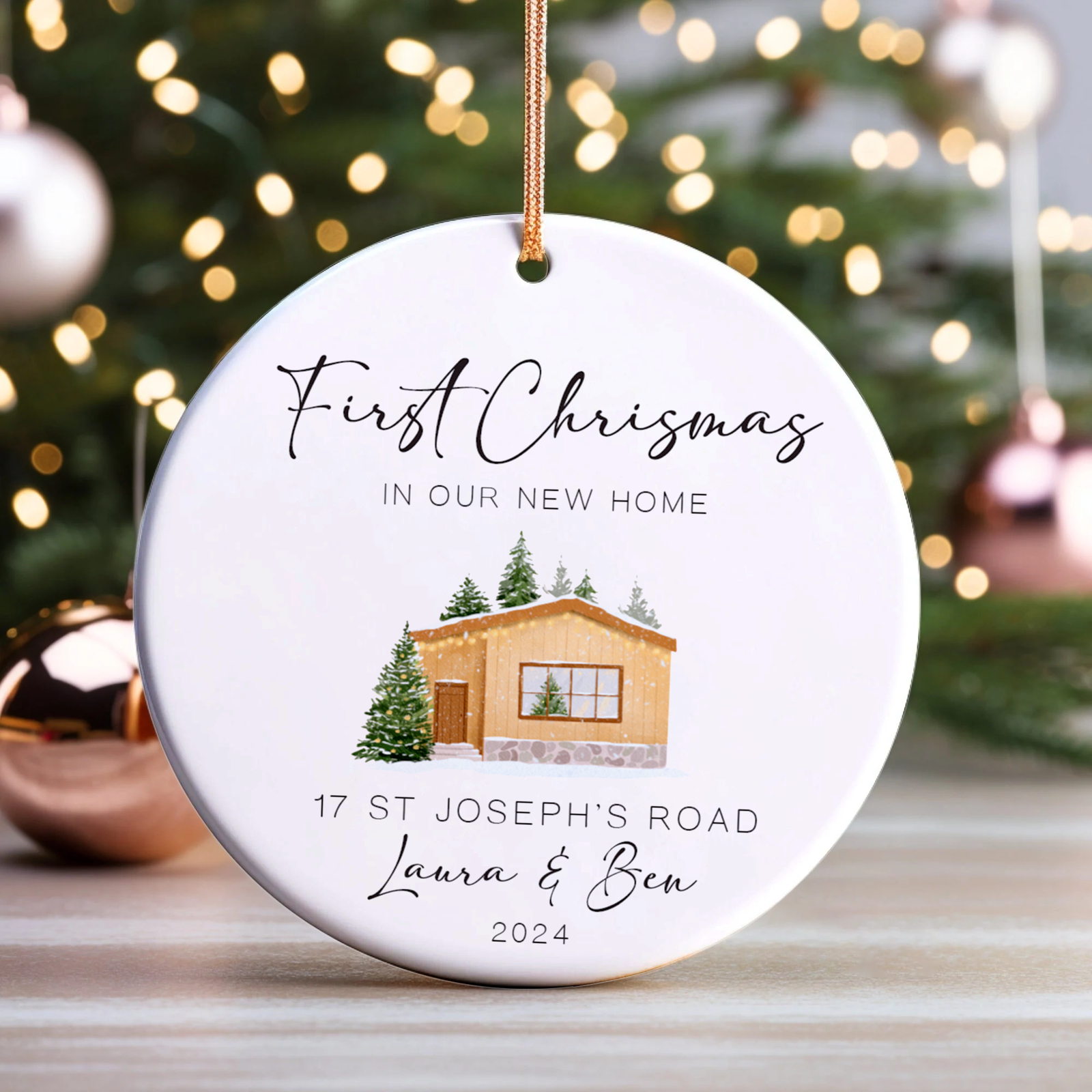 New Home Ornament, Christmas Wreath Ornament, Ceramic New Home Ornament, Personalized First Christmas New Home Ornament, Custom Ceramic Keepsake with Address, Names & Year, 3x3 Inch Christmas Decoration CX02-12 - Kindlytoys
