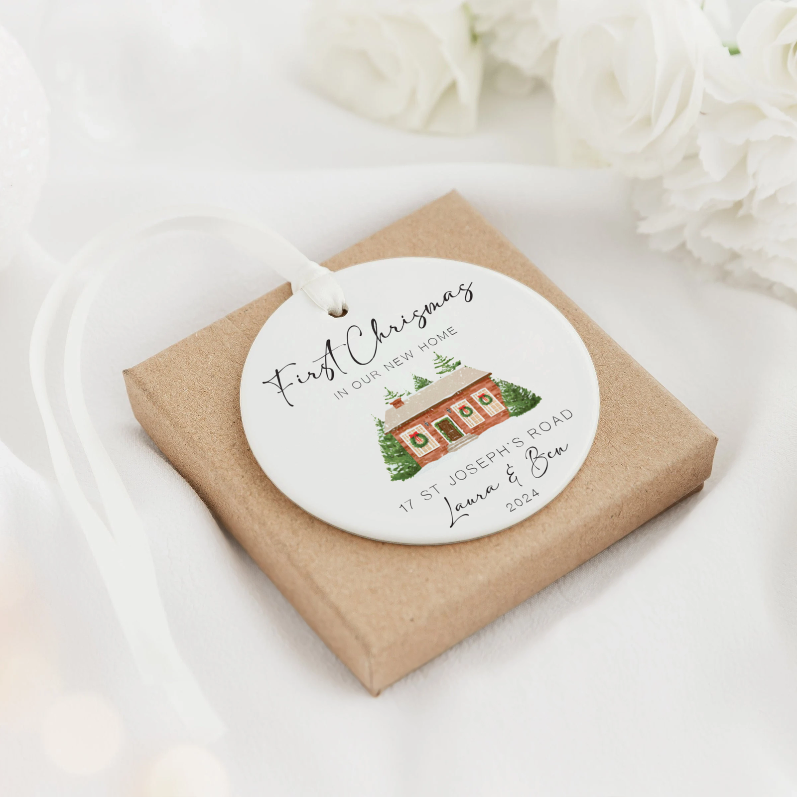 New Home Ornament, Christmas Wreath Ornament, Ceramic New Home Ornament, Personalized First Christmas New Home Ornament, Custom Ceramic Keepsake with Address, Names & Year, 3x3 Inch Christmas Decoration CX02-13 - Kindlytoys