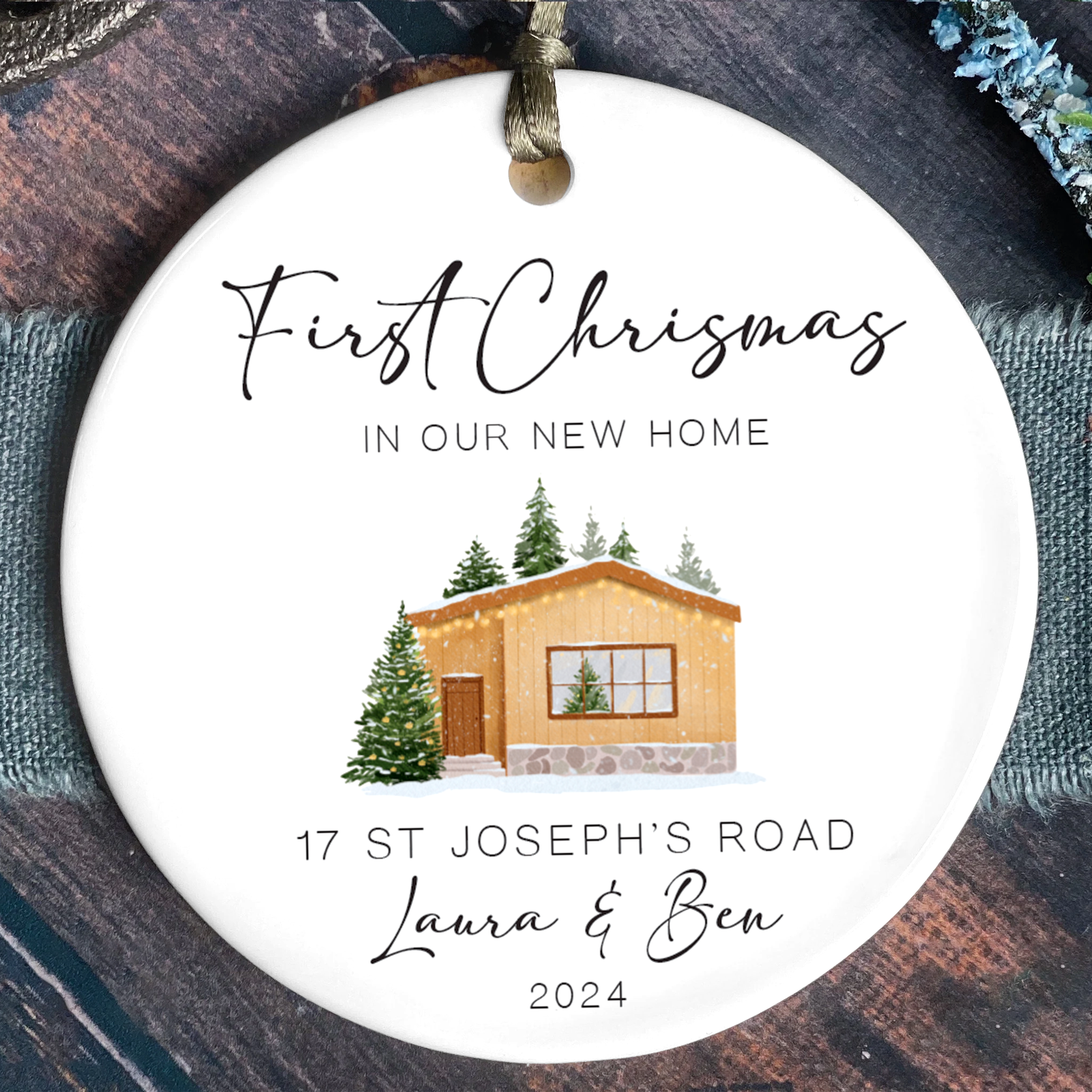 New Home Ornament, Christmas Wreath Ornament, Ceramic New Home Ornament, Personalized First Christmas New Home Ornament, Custom Ceramic Keepsake with Address, Names & Year, 3x3 Inch Christmas Decoration CX02-12 - Kindlytoys