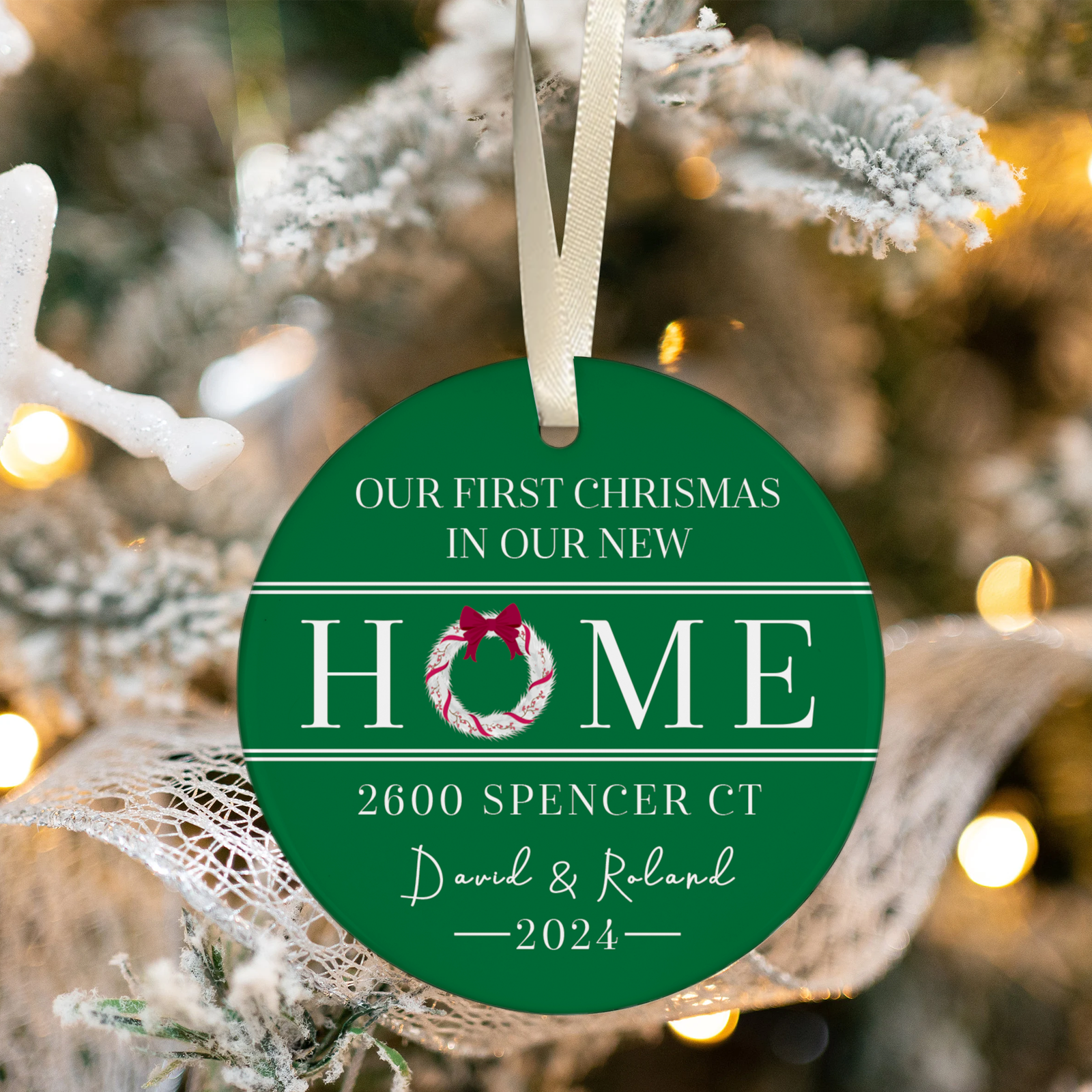New Home Ornament, Christmas Wreath Ornament, Ceramic New Home Ornament, Personalized First Christmas New Home Ornament, Custom Ceramic Keepsake with Address, Names & Year, 3x3 Inch Christmas Decoration CX02-8 - Kindlytoys