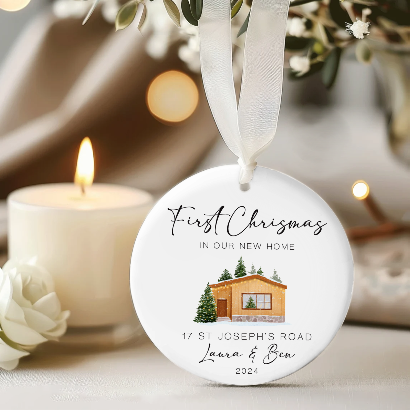 New Home Ornament, Christmas Wreath Ornament, Ceramic New Home Ornament, Personalized First Christmas New Home Ornament, Custom Ceramic Keepsake with Address, Names & Year, 3x3 Inch Christmas Decoration CX02-12 - Kindlytoys
