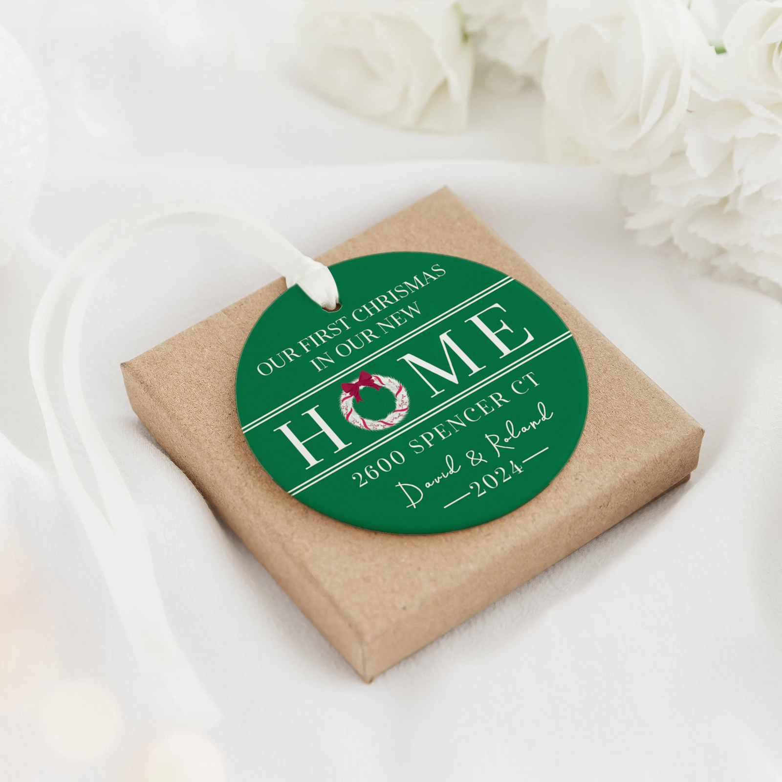 New Home Ornament, Christmas Wreath Ornament, Ceramic New Home Ornament, Personalized First Christmas New Home Ornament, Custom Ceramic Keepsake with Address, Names & Year, 3x3 Inch Christmas Decoration CX02-8 - Kindlytoys