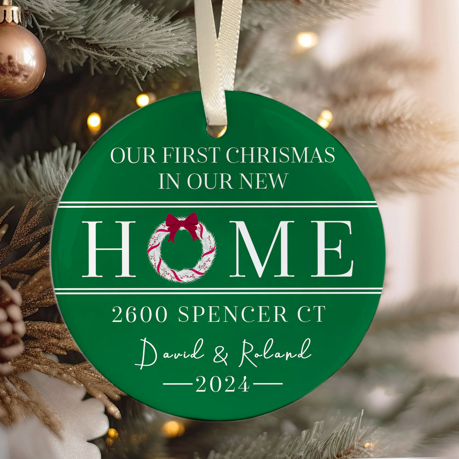 New Home Ornament, Christmas Wreath Ornament, Ceramic New Home Ornament, Personalized First Christmas New Home Ornament, Custom Ceramic Keepsake with Address, Names & Year, 3x3 Inch Christmas Decoration CX02-8 - Kindlytoys