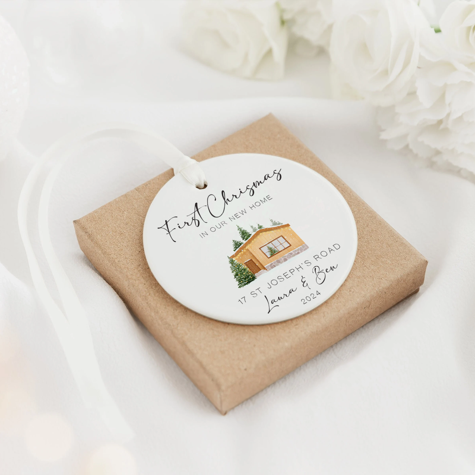 New Home Ornament, Christmas Wreath Ornament, Ceramic New Home Ornament, Personalized First Christmas New Home Ornament, Custom Ceramic Keepsake with Address, Names & Year, 3x3 Inch Christmas Decoration CX02-12 - Kindlytoys