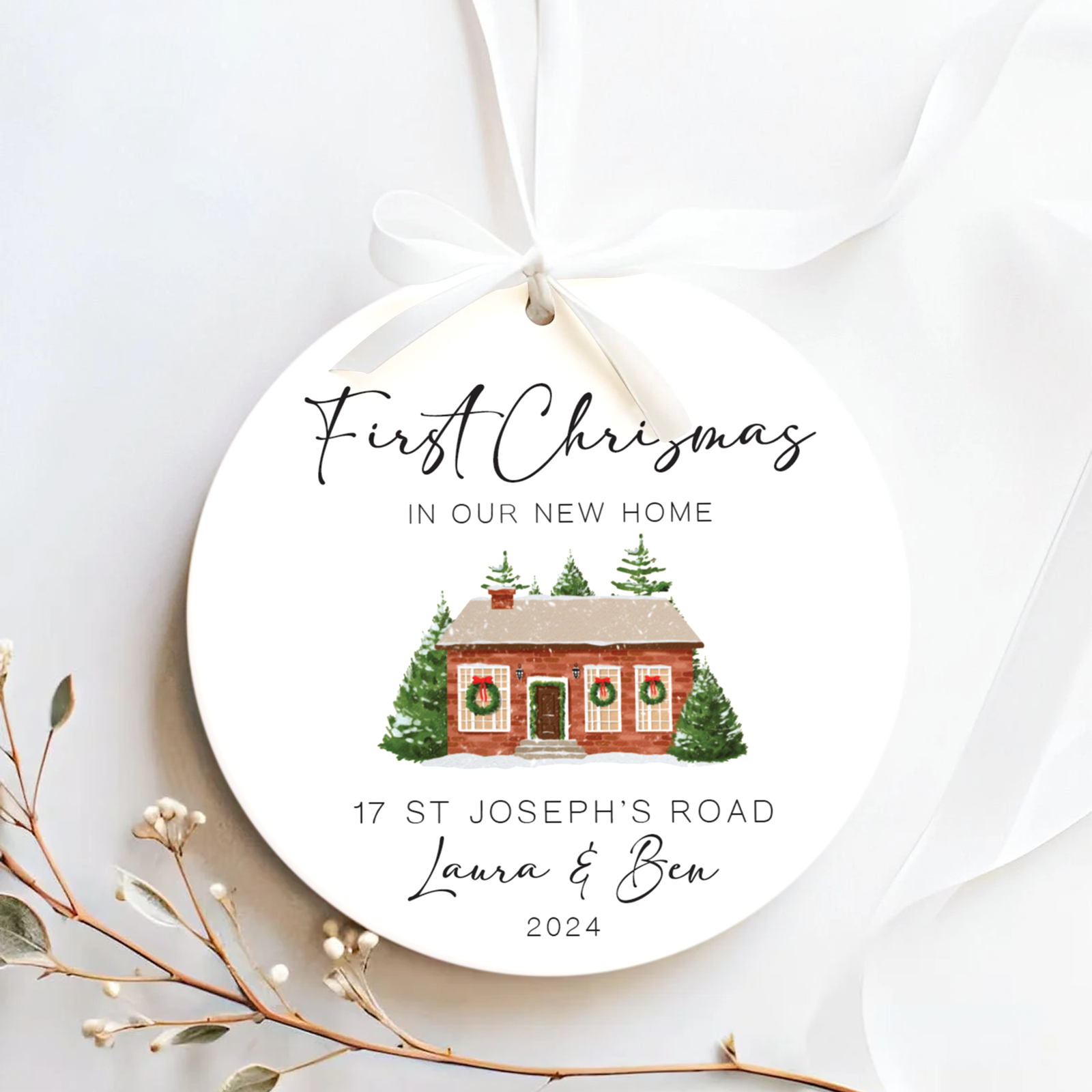 New Home Ornament, Christmas Wreath Ornament, Ceramic New Home Ornament, Personalized First Christmas New Home Ornament, Custom Ceramic Keepsake with Address, Names & Year, 3x3 Inch Christmas Decoration CX02-13 - Kindlytoys