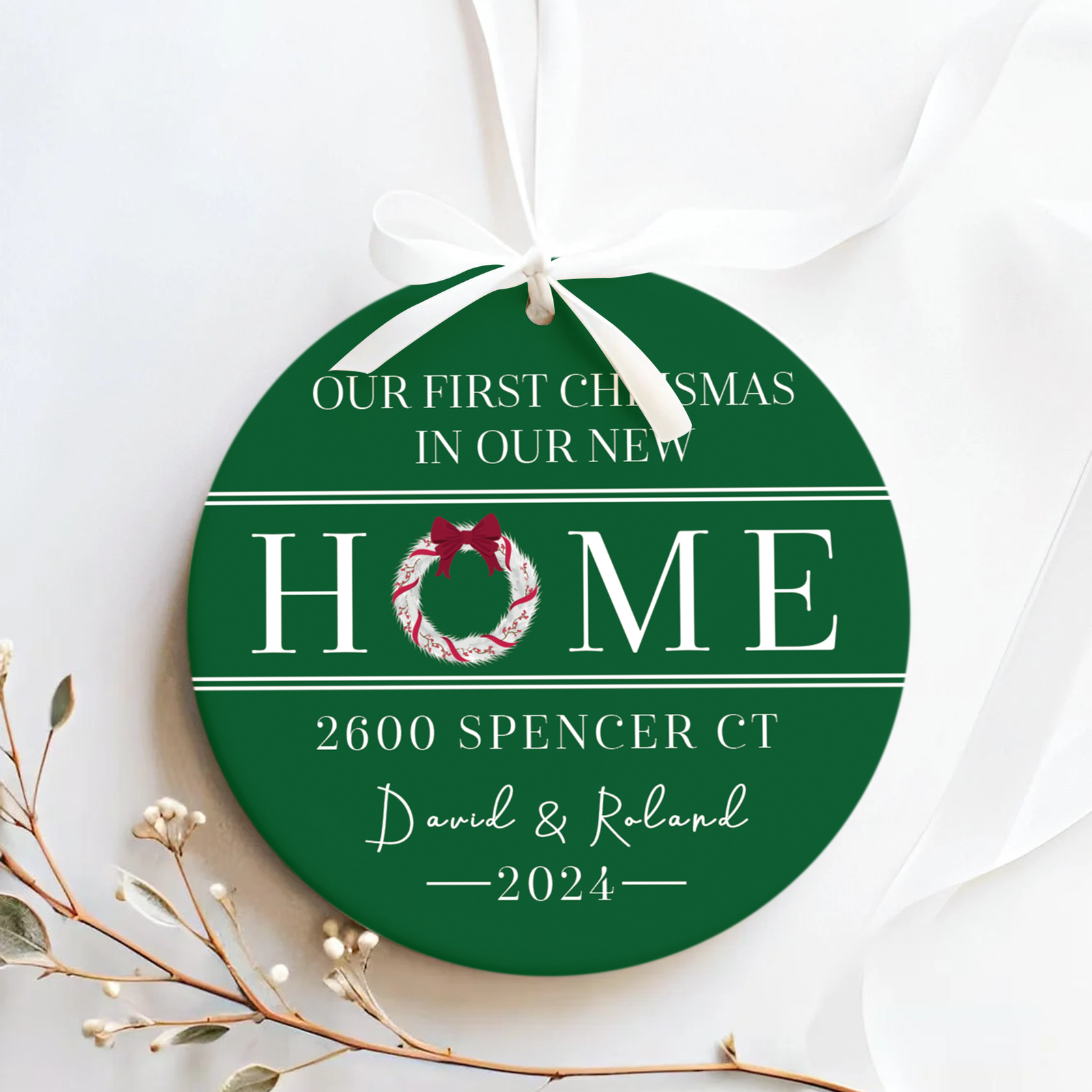 New Home Ornament, Christmas Wreath Ornament, Ceramic New Home Ornament, Personalized First Christmas New Home Ornament, Custom Ceramic Keepsake with Address, Names & Year, 3x3 Inch Christmas Decoration CX02-8 - Kindlytoys