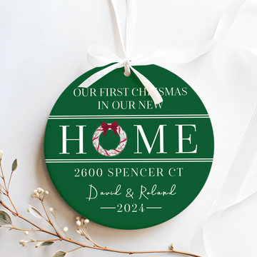 New Home Ornament, Christmas Wreath Ornament, Ceramic New Home Ornament, Personalized First Christmas New Home Ornament, Custom Ceramic Keepsake with Address, Names & Year, 3x3 Inch Christmas Decoration CX02-8 - Kindlytoys